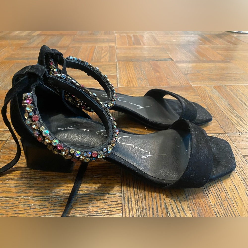 Lola Cruz Suede Block Heel Ankle Rhinestone Sandals